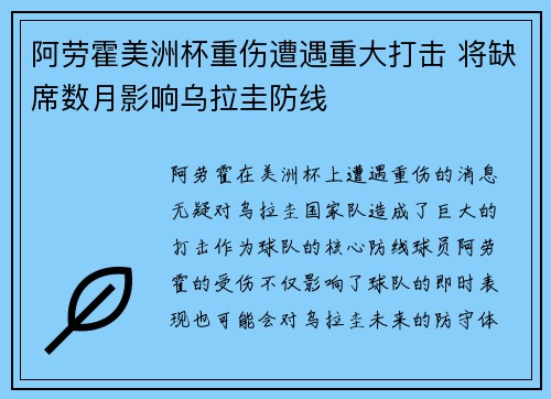阿劳霍美洲杯重伤遭遇重大打击 将缺席数月影响乌拉圭防线