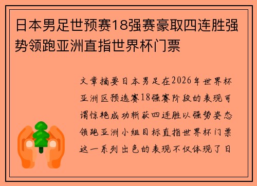 日本男足世预赛18强赛豪取四连胜强势领跑亚洲直指世界杯门票
