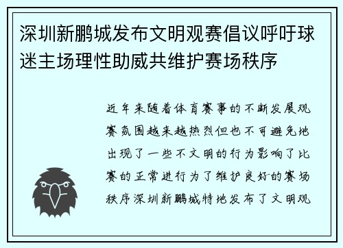 深圳新鹏城发布文明观赛倡议呼吁球迷主场理性助威共维护赛场秩序